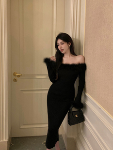 圣诞年会一字肩毛毛领黑色针织连衣裙女性感气质修身 包臀显瘦长裙