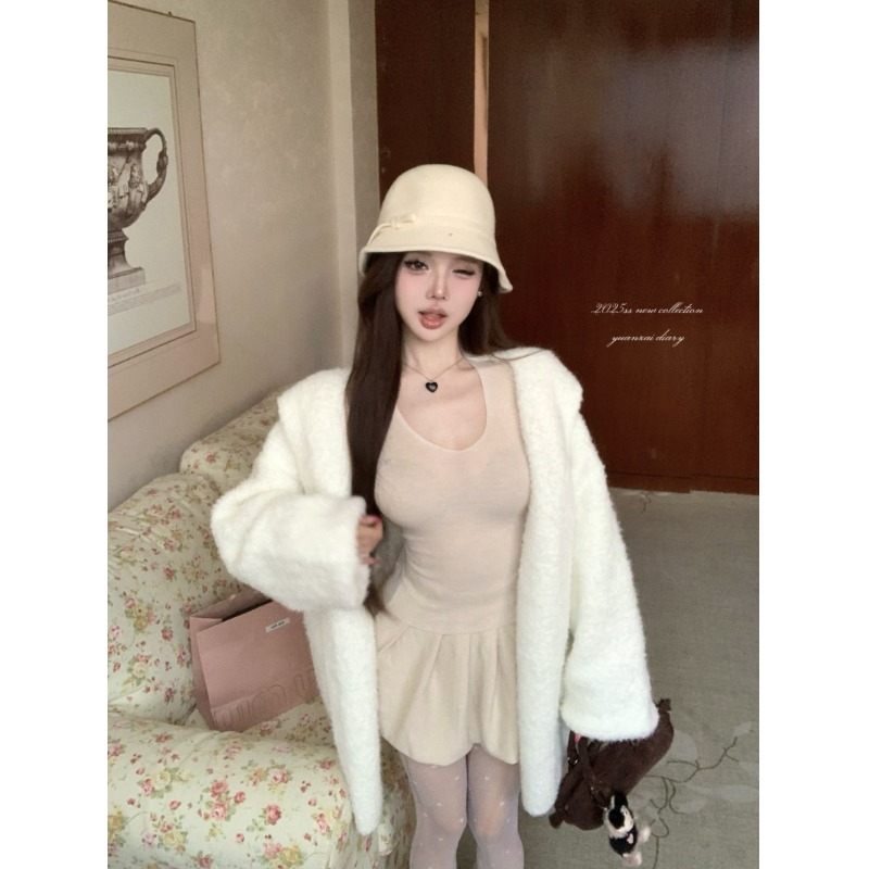 韩系甜美毛茸茸水貂绒开衫毛衣女纯欲秋冬软糯针织外套打底裙套装