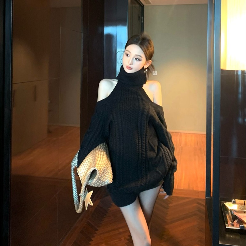 复古慵懒风高领挂脖露肩显瘦中长款毛衣女秋冬辣妹性感麻花针织衫