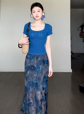法式蓝色修身针织短袖打底衫女夏季新款高级感碎花半身长裙套装女