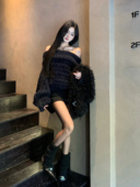 一衣多穿软糯水貂绒一字肩氛围感毛衣女纯欲慵懒风显瘦翻领针织衫