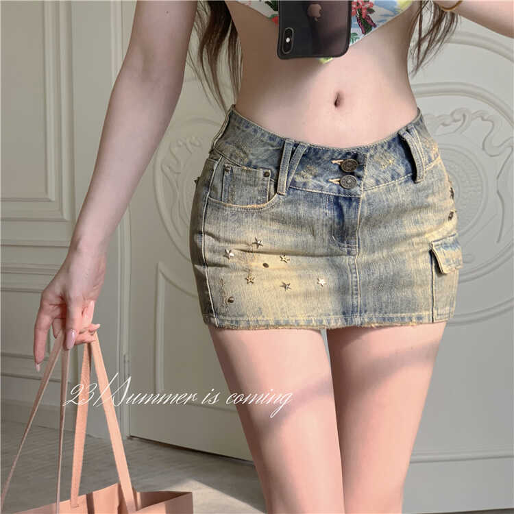 美式复古做旧牛仔半身裙女夏季低腰辣妹性感紧身包臀短裙a字裙子