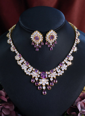 欧美新娘奢华紫色锆石气质项链女耳环高贵皇冠结婚礼服2件套首饰