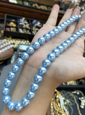 经典小香风蓝色滴油爱心珍珠耳环天空蓝正圆强光淡水珍珠项链锁链