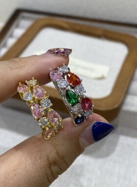 欧美时尚个性气质波西米亚彩色水滴锆石戒指女瑞丽风百搭街拍首饰