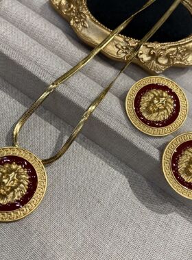 欧美夸张狮子头耳钉女式高级感中古vintage个性动物狮子项链配饰