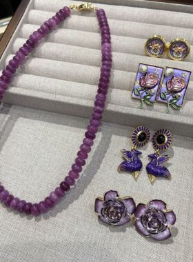 欧美复古紫色撞色春夏度假项链套装热情泡泡糖舒俱来天然石串珠项