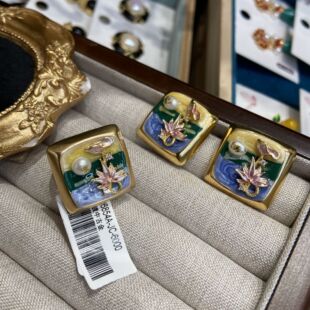 莫奈油画系列天然珍珠荷花耳钉珐琅滴油花朵方形戒指复古油画饰品