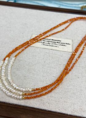 日韩小众简约闪亮桔红锆石淡水珍珠串珠日常百搭通勤项链锁骨链女