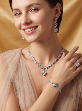 法式轻奢首饰四件套耳环吊坠锆石项链饰品宝蓝色方块时尚新娘配饰