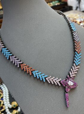 外贸欧美爆品嘻哈潮流饰品菱形古巴链彩色锆石拼接蛇咬尾个性项链