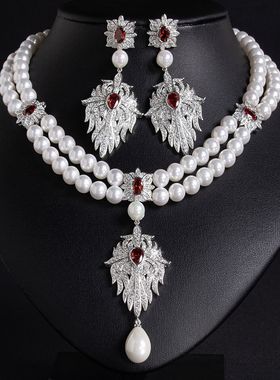 法式复古镶钻珍珠花朵方块锆石项链时尚轻奢锁骨链高级感项饰