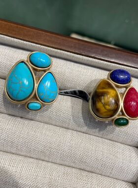 法式轻奢蓝松虎眼红绿玛瑙石戒指亚马逊热销几何中古vintage首饰