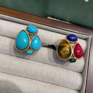 欧美蓝松虎眼红绿玛瑙石戒指亚马逊热销几何中古vintage首饰