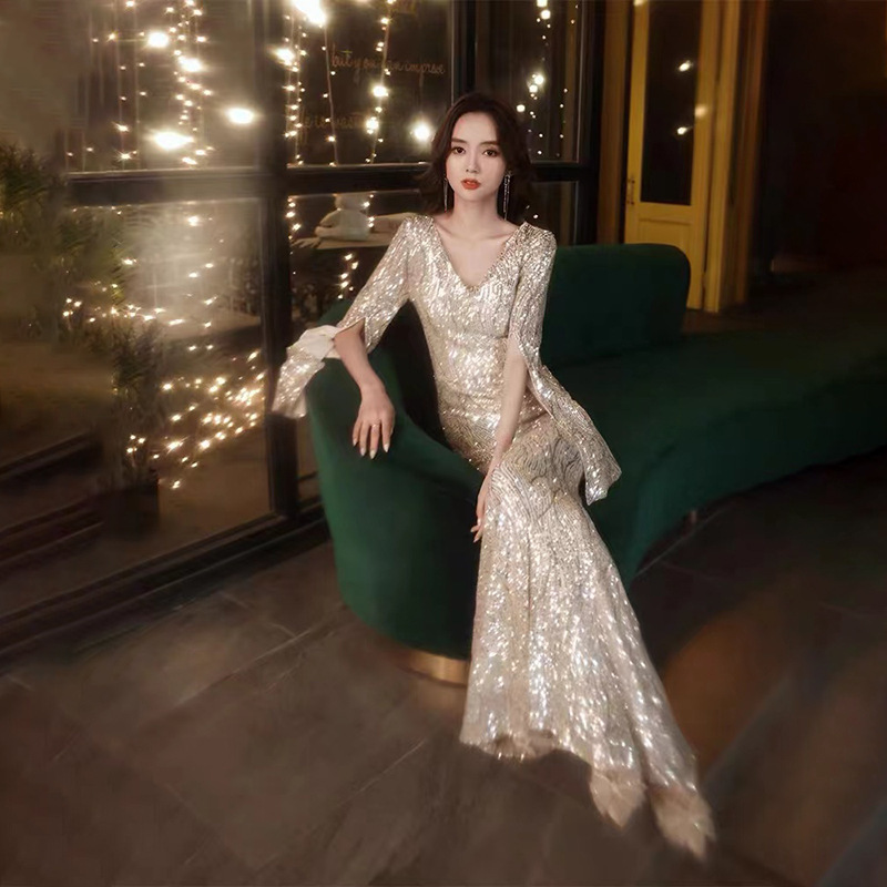 晚宴礼服平时可穿2024新款长袖主持人鱼尾轻奢小众高端深v礼服