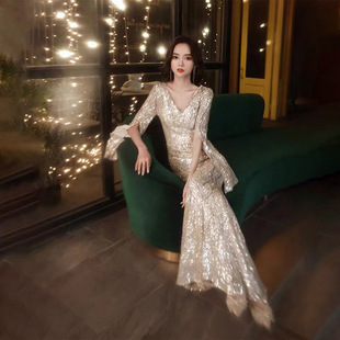 晚宴礼服平时可穿2024新款长袖主持人鱼尾轻奢小众高端深v礼服