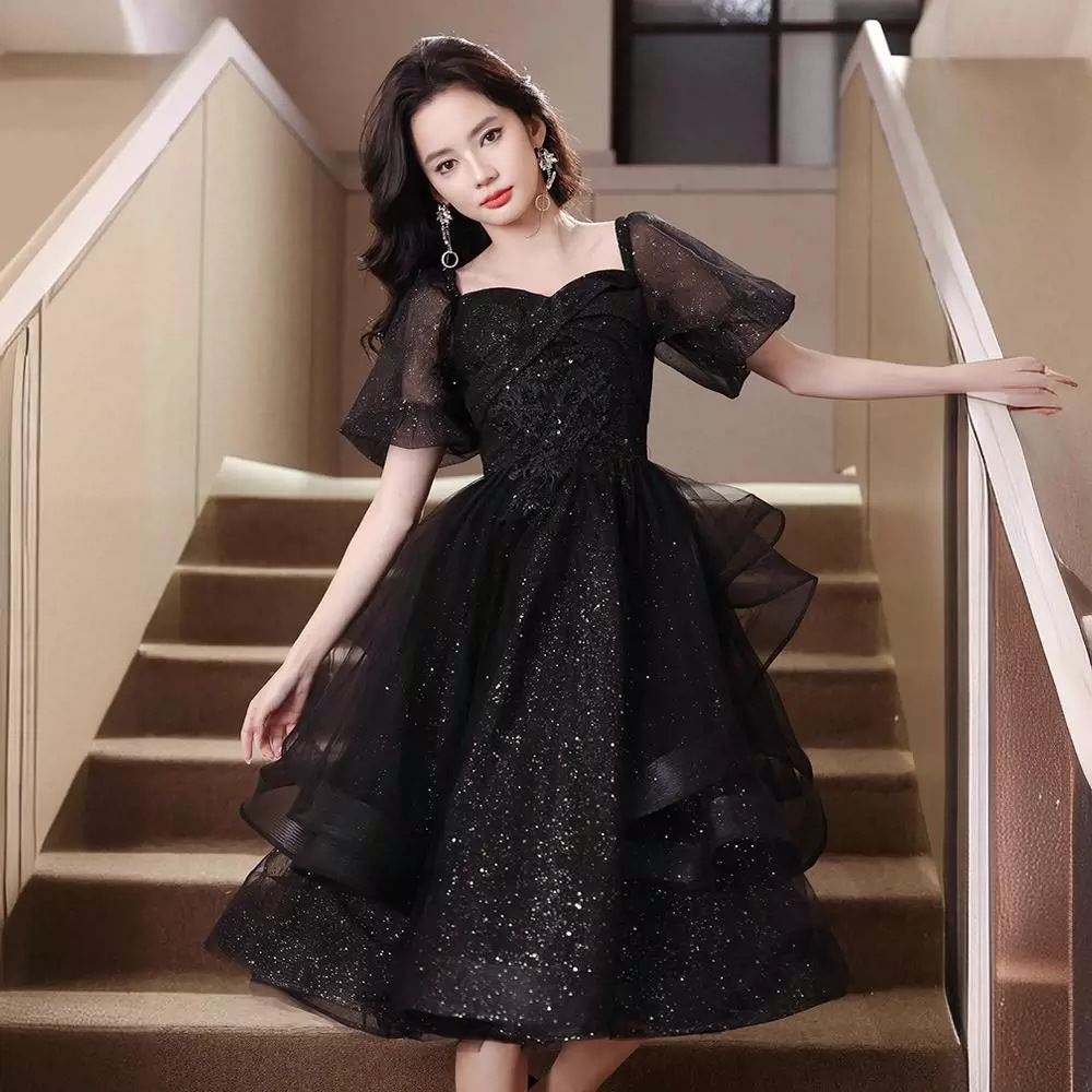 黑色一字肩晚礼服女轻奢小众小个子毕业生日成人礼日常可穿轻礼服