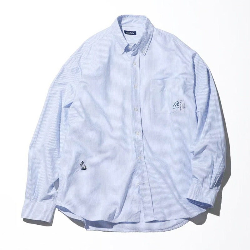 nautica22aw长谷川条纹刺绣衬衫长袖女开衫上衣日系潮牌情侣款