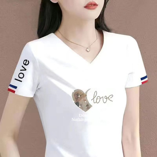 韩系V领短袖打底衫女款简约款通勤V领T恤夏季纯色字母图案上衣潮