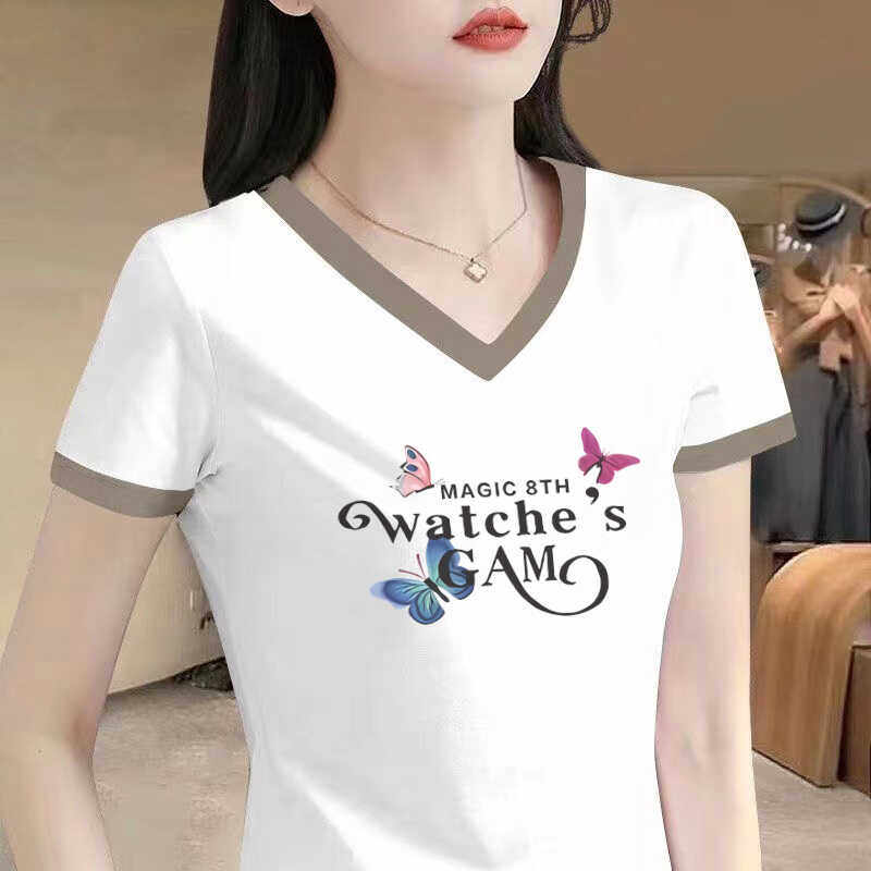 清仓捡漏~尾单大牌剪标专柜撤回外贸撞色短袖t恤女正肩V领体恤衫