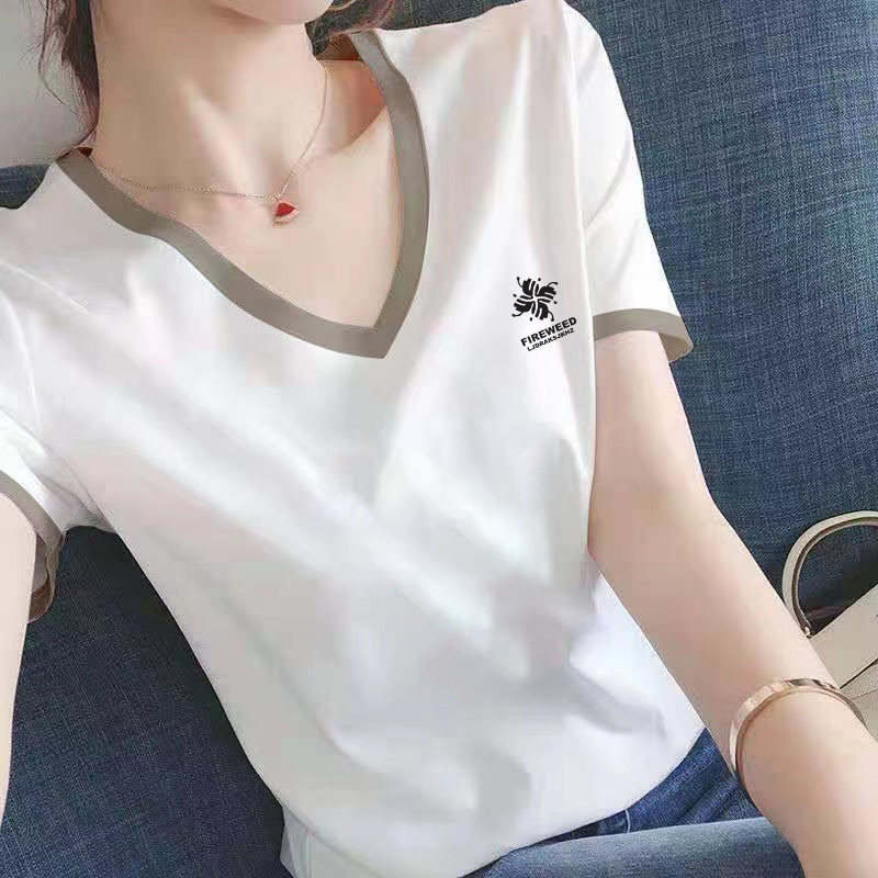 2025年新款基础百搭T恤女百搭字母款半袖上衣复古撞色V领短袖体恤,女装/女士精品,T恤,淘宝优惠券,粉丝福利购,淘宝优惠卷