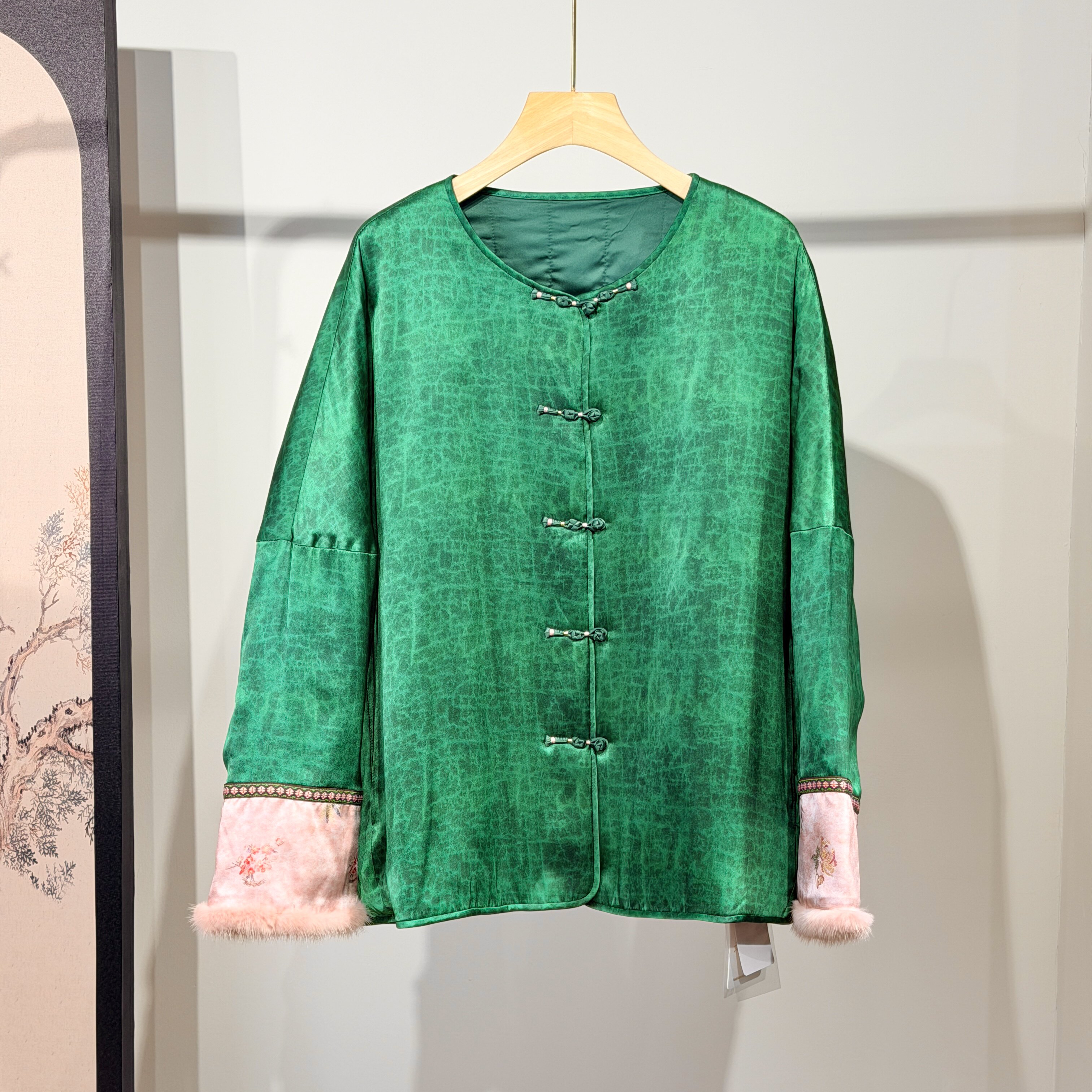 重磅绿龟真丝香云纱新中式棉服外套女撞色拼接水貂毛袖上衣