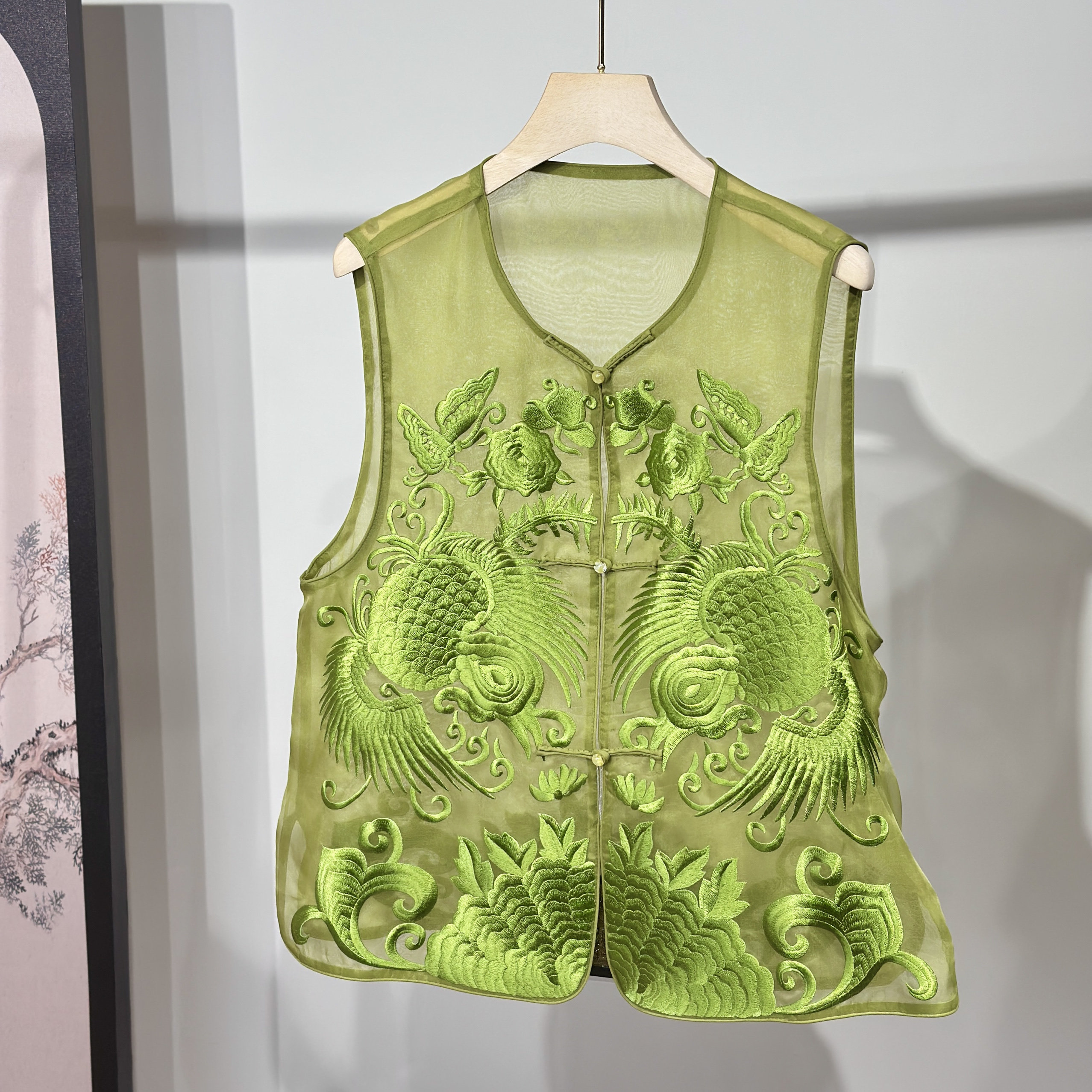 新中式国风 真丝欧根纱重工花鸟刺绣复古微透马甲2025春夏新款女