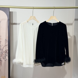 秋季真丝丝绒上衣鸵鸟毛百搭内搭圆领显瘦仙仙喇叭袖衬衣黑色白色