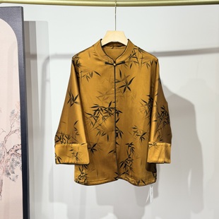 老皮子料桑蚕丝香云纱老缎60姆米金底竹叶立领对襟开衫外套