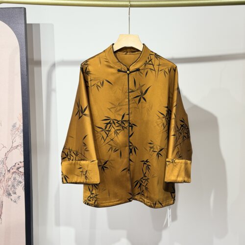 老皮子料桑蚕丝香云纱老缎60姆米金底竹叶立领对襟开衫外套