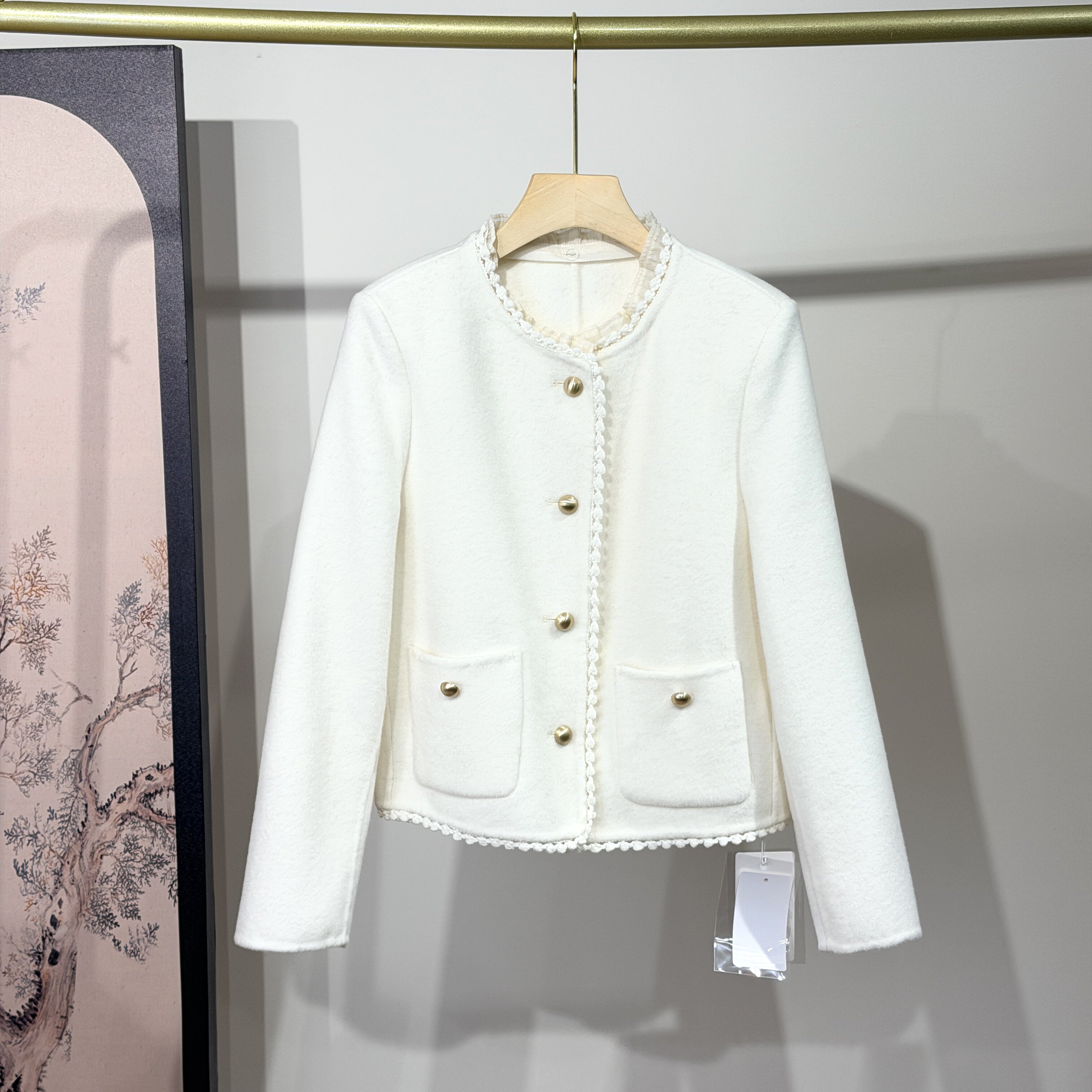 可拆卸蕾丝花边领单排扣小香风短双面羊毛呢大衣冬