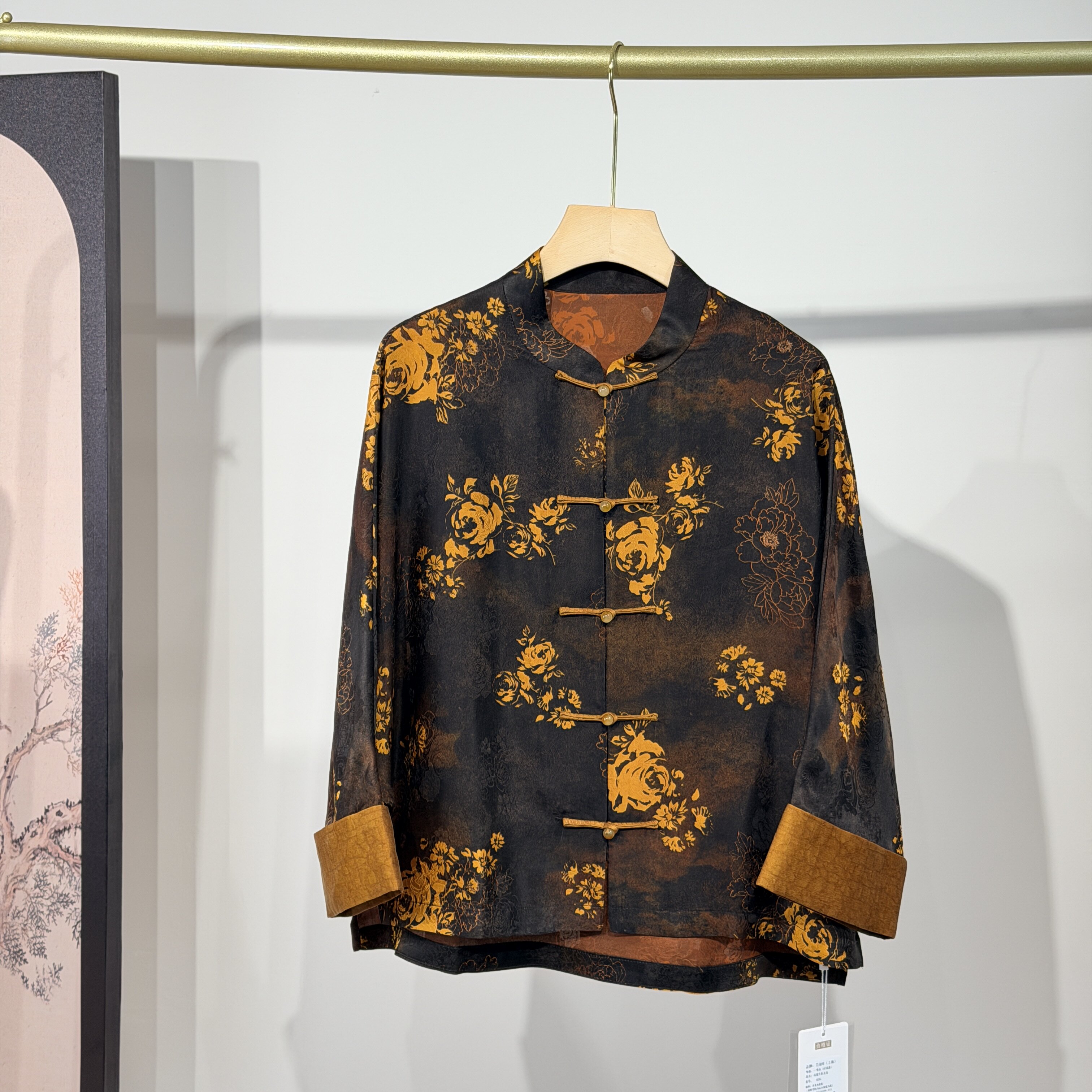 品牌正品香云纱真丝上衣女新中式国风立领对襟盘扣印花桑蚕丝外套