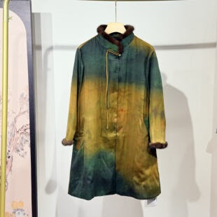 经典真丝香云纱中国风女装鹅绒水貂毛领秋冬款妈妈羽绒服中长款