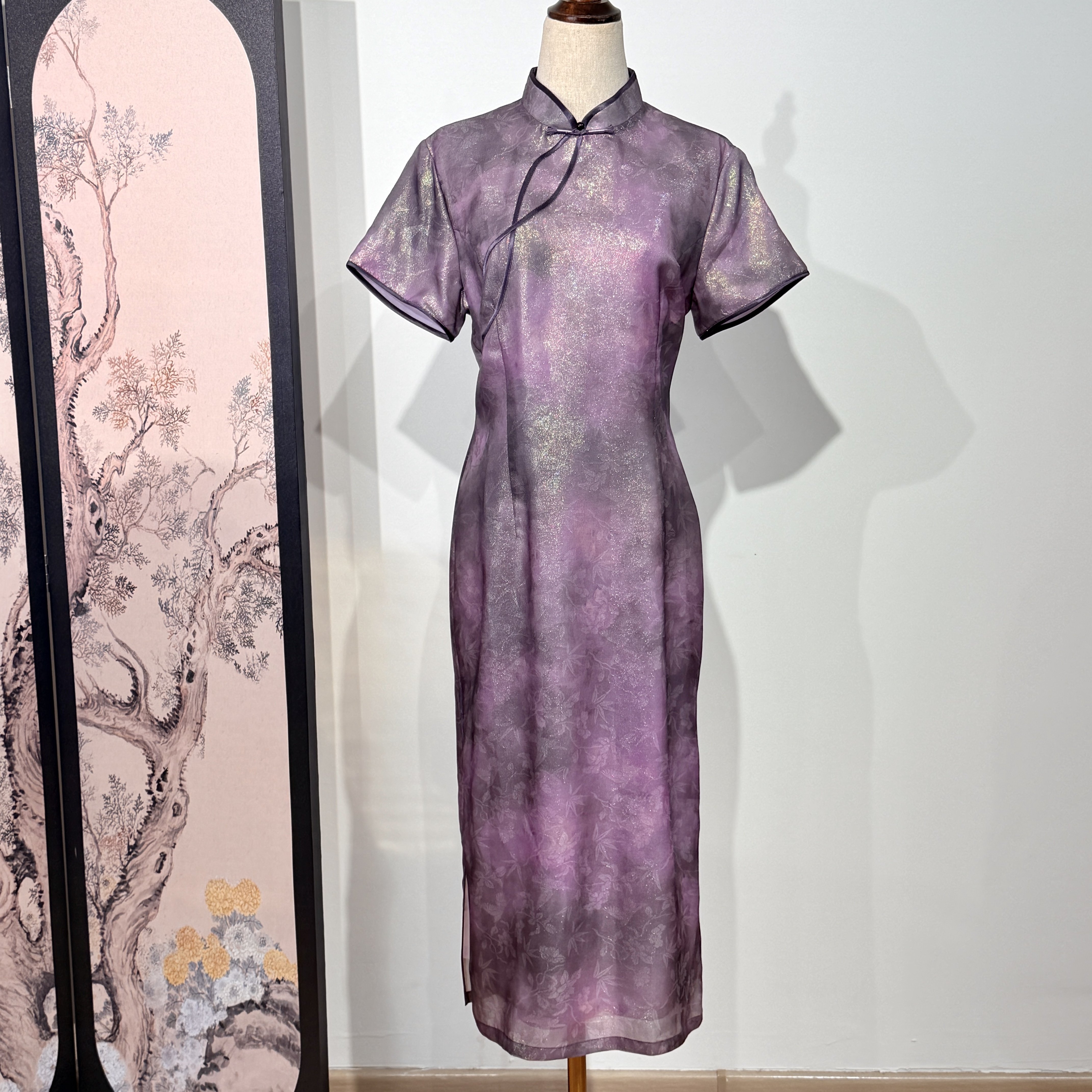 高级桑蚕丝浮光锦面料 新中式改良旗袍女短袖连衣裙 年轻款显瘦