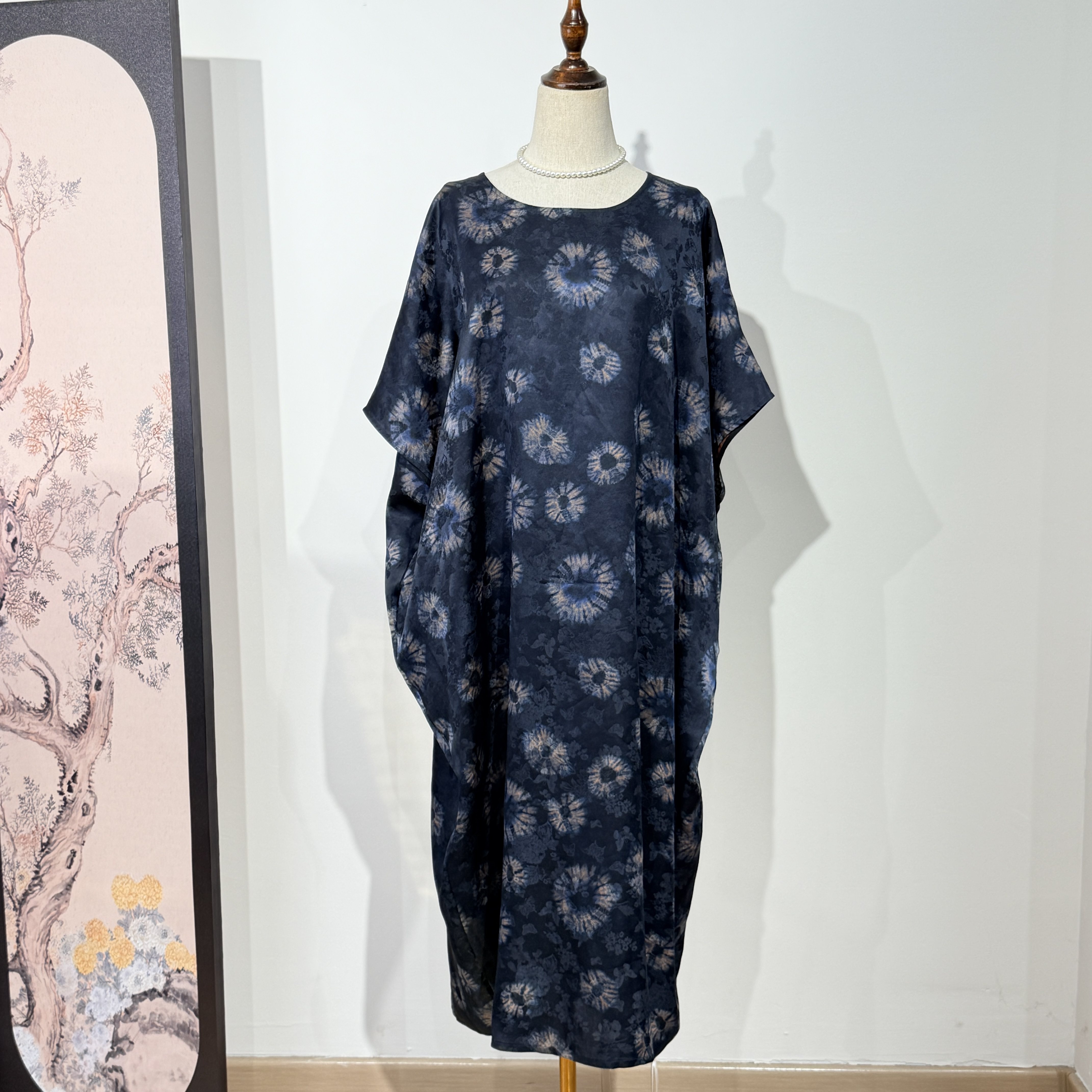 蓝色扎染风*100%桑蚕丝香云纱 蝙蝠袖 茧型 加大袍子连衣裙35姆米
