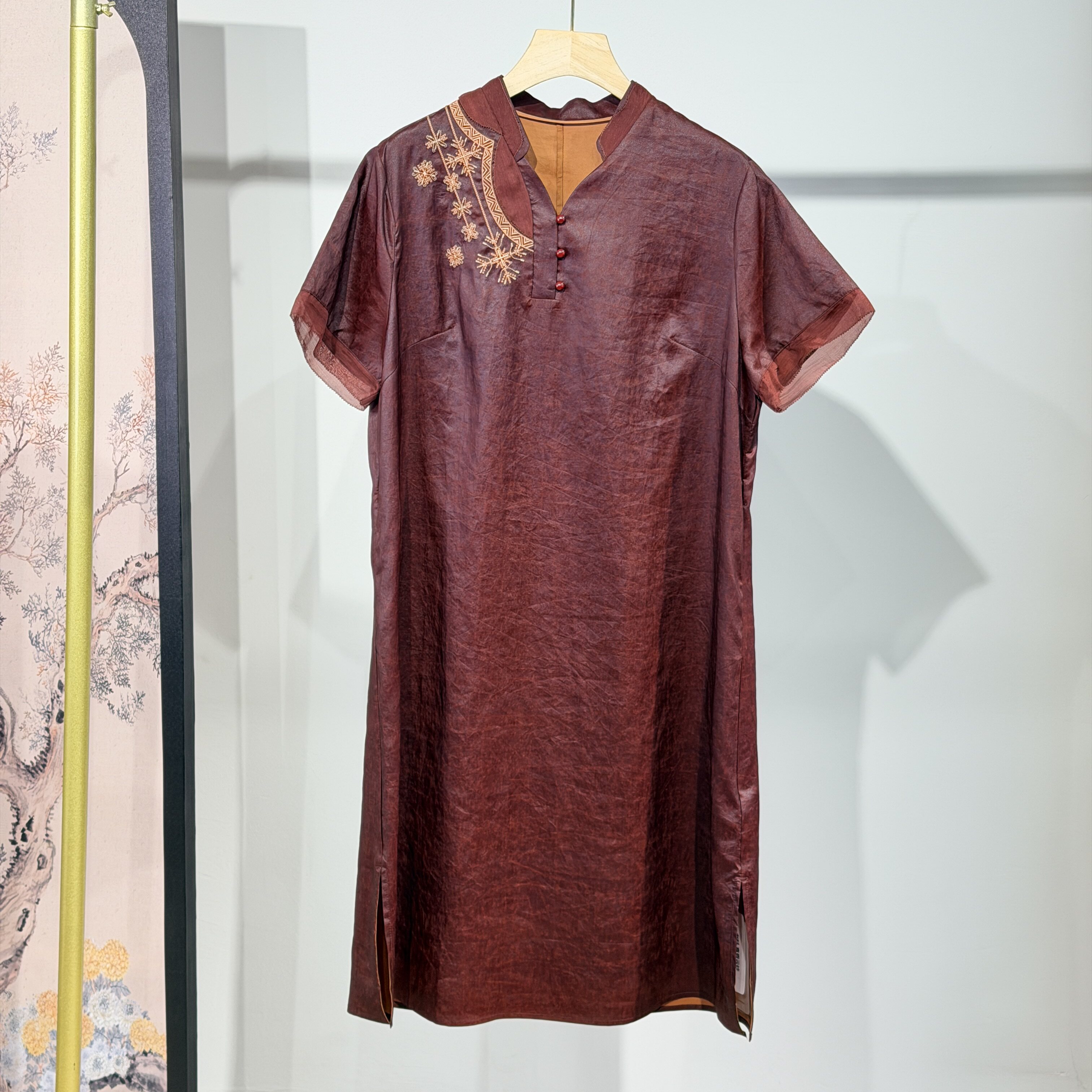 非遗红云纱龟裂纹国风复古气质V领宽松桑蚕丝连衣裙【柜款】新品