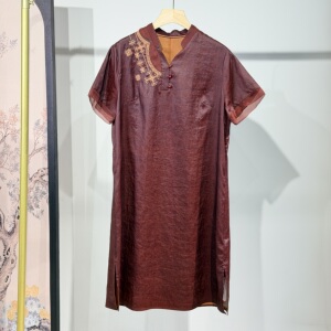 非遗红云纱龟裂纹国风复古气质V领宽松桑蚕丝连衣裙【柜款】新品