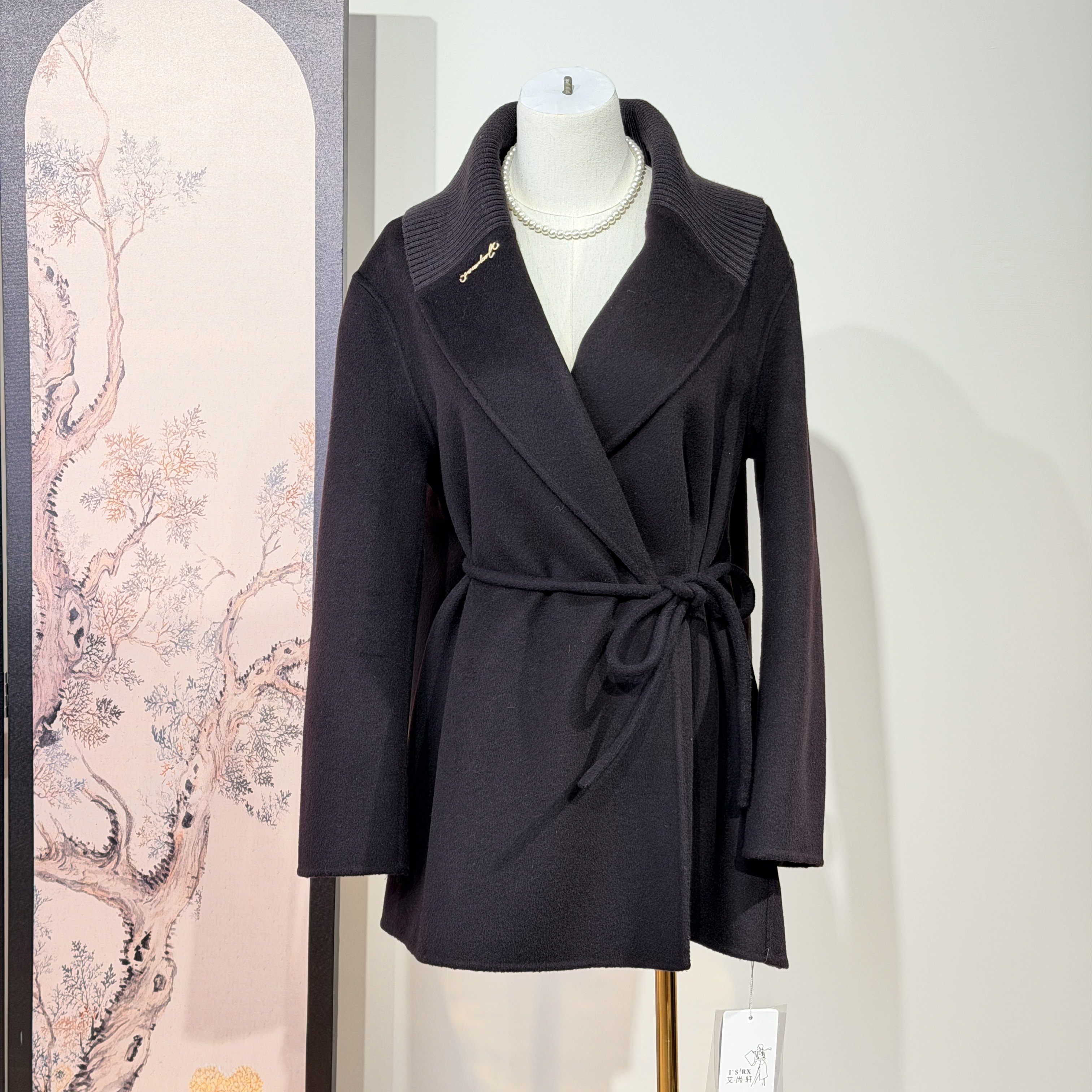 时尚针织青果领穿绳系带收腰无扣洋气小个双面羊绒大衣冬装