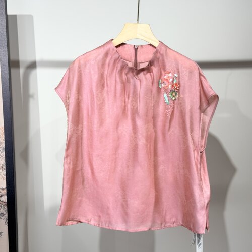 欧洲站夏季新品新中式国风立领重工法绣钉珠盖袖衬衫气质复古上衣