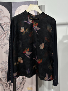 香云纱上衣高端品牌女2024春新款网纱长袖印花中式桑蚕丝真丝小衫