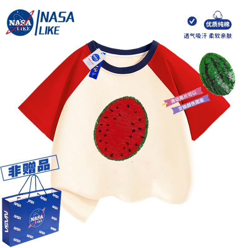 NASA男女童西瓜亮片翻转变色纯棉短袖t恤夏季六一儿童节演出上衣