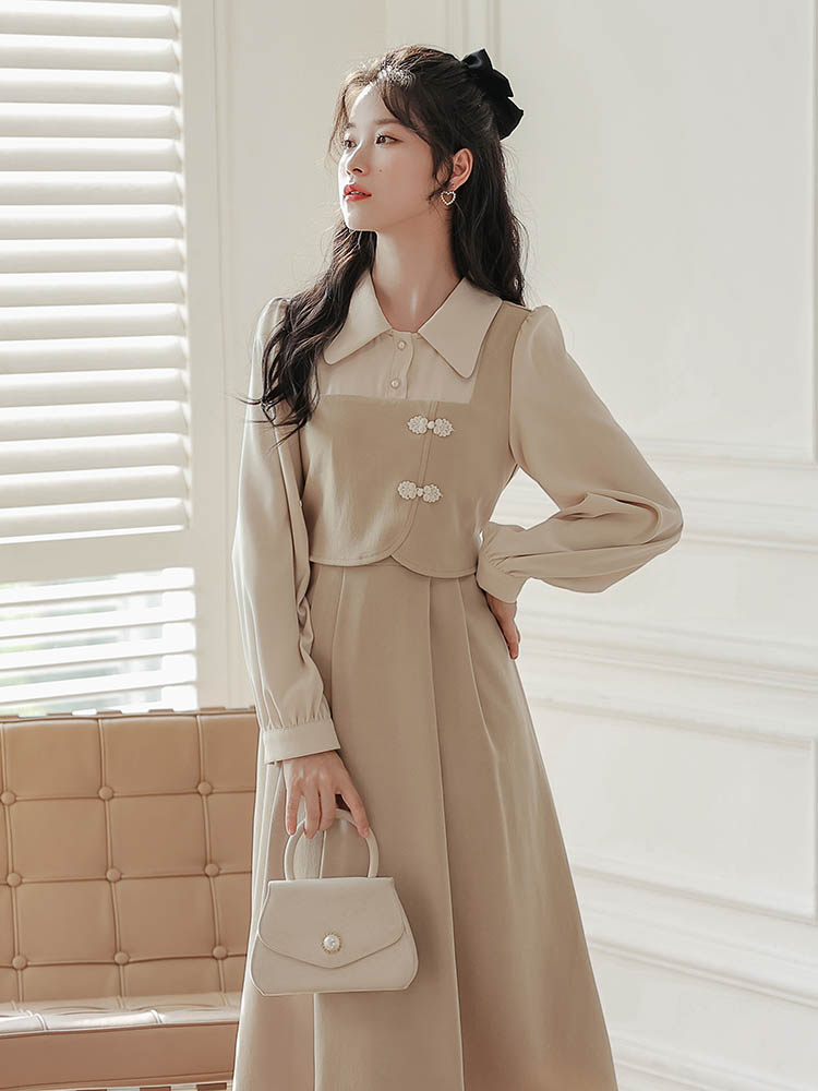 大码胖MM娃娃领连衣裙女2023春秋女装清仓特价假两件显瘦小众裙子