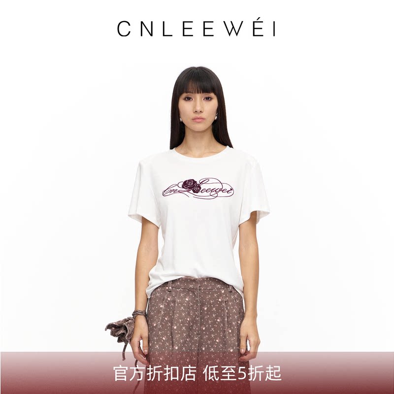 CNLEEWEI 2025秋季新款设计师宽松显瘦简约字母logo工艺绣花T恤