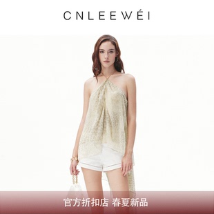 CNLEEWEI 26春夏度假轻透露背挂脖豹纹印花飘逸上衣