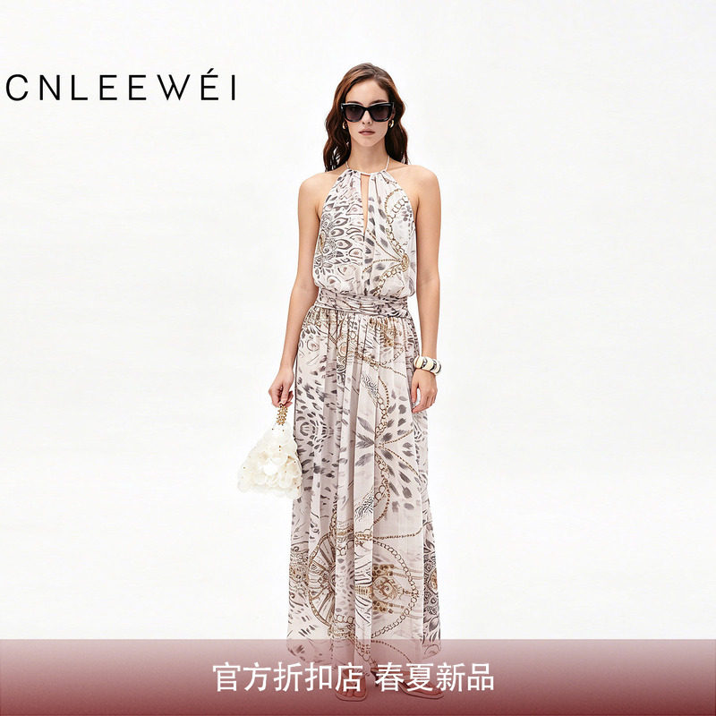 CNLEEWEI26夏季新款法式度假风挂脖长裙豹纹链条印花收腰连衣裙