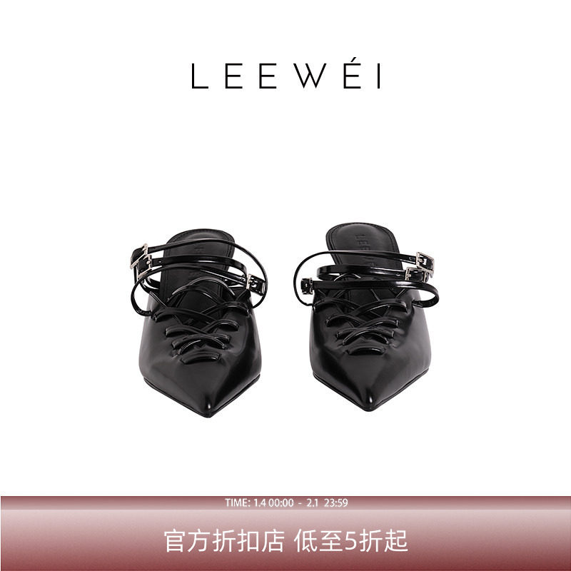 官方自营LEEWEI春夏新款设计真皮摩登感百搭显高尖头绑带细跟单鞋