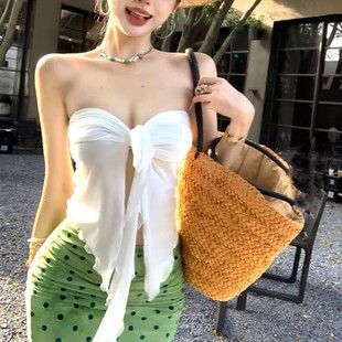 特价性感纯欲海边旅游度假绝美穿搭女泰兰德白色抹胸绿色波点半裙