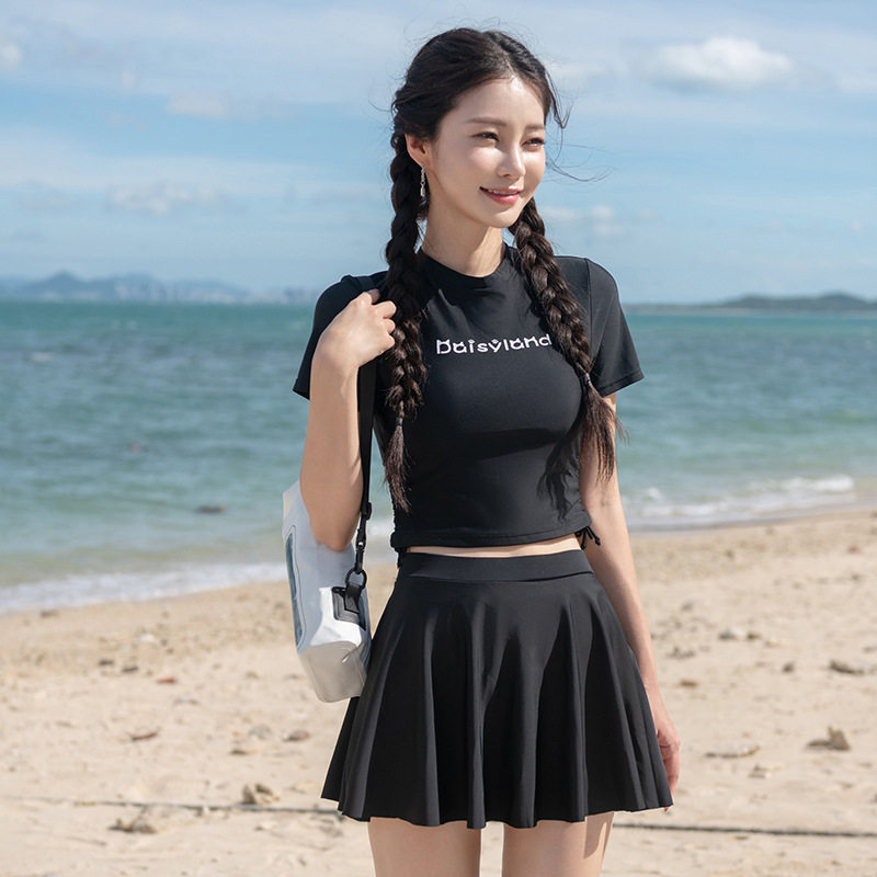 泰国新款女游泳衣 分体裙式保守纯色遮肚显瘦保守少女 学生bikini