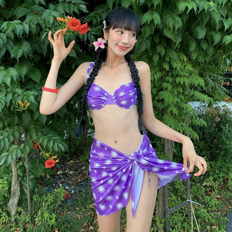 特价新款 小众紫色圆点泳衣女感分体纯欲遮肚子显瘦度假比基尼夏