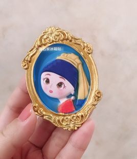 戴珍珠耳环的少女Q版树脂冰箱贴可爱框立体印刷图案卡通满39包邮